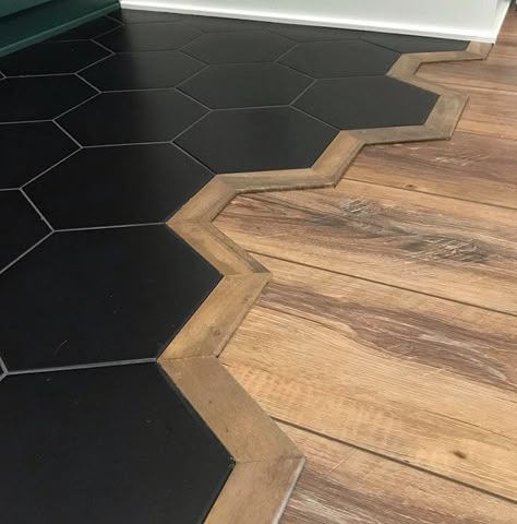 Octagon Tile Into Wood Floor, Herringbone Tile To Wood Transition, Tile Meets Wood Floor Transition, Tile To Wood Transition, Floor Design Ideas, Yellow Kitchen Cabinets, Best Bathroom Paint Colors, Bathroom Paint, Bathroom Paint Colors