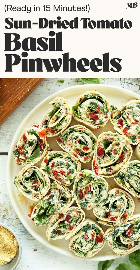 Amazing, flavorful Sun-Dried Tomato and Basil Pinwheels that come together in 15 minutes with 8 ingredients. The perfect crowd-pleasing, summer appetizer. Tomato Basil Pinwheels, Vegan Parmesan Cheese, Minimalist Baker, Summer Appetizer, Vegan Parmesan, Vegan Cream Cheese, Tomato Basil, Vegan Recipe, Vegan Cooking