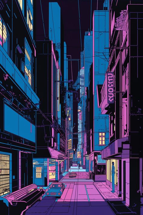 City Pop Background, Neon City Drawing, City Night Illustration, Monochromatic Cityscape, City Pop Illustration, Neon City Art, City Pop Aesthetic, Jazz Wallpaper, Urban Illustration