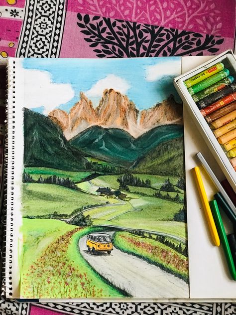 Nature Drawings Oil Pastels, Easy Nature Drawings Colour, Scenery Painting Oil Pastel, Oil Pastel Drawings Scenery, Nature Drawing Colourful, Oil Pastel Drawings Easy Scenery, Scenery Oil Pastel, Oil Pastel Scenery, Buddha Background