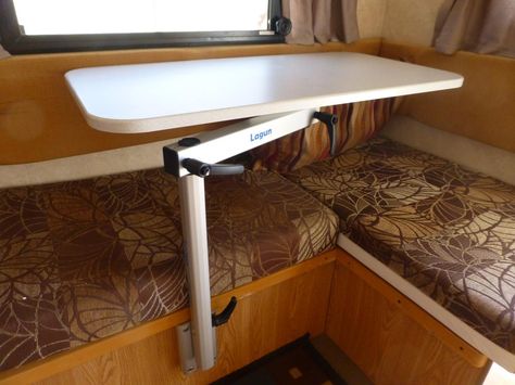 These five, simple and small tables are not only adjustable in various ways, but they are inspired by RV and boat design. Camper Table Bed Ideas, Caravan Table Ideas, Camper Tables Ideas, Rv Tables Ideas, Rv Table To Bed, Boat Table Ideas, Campervan Table Ideas, Rv Swivel Table, Camper Pull Out Table