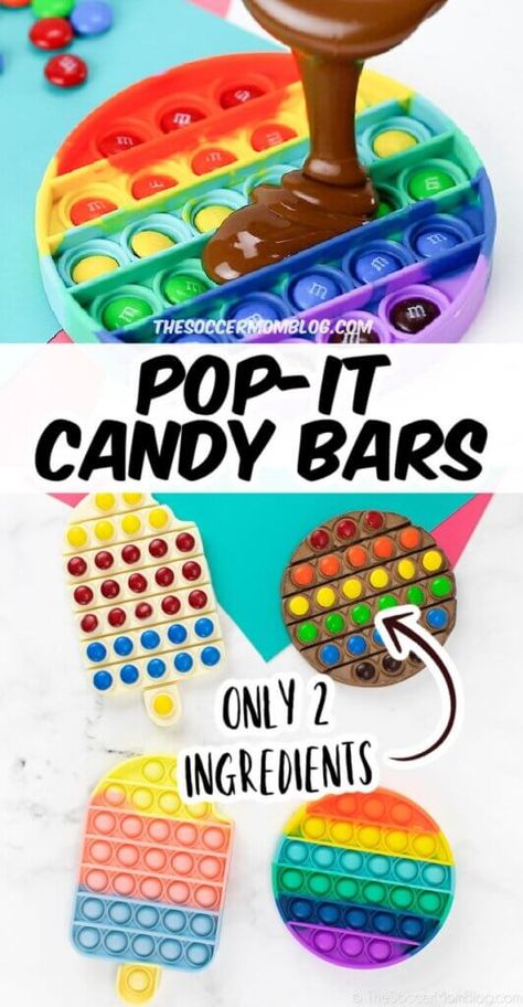 How to make chocolate pop it candy bars, the viral kids recipe trend that are just as much fun to make as they are to eat! Pop It Party Activities, Pop It Chocolate Bar, Pop It Candy Bar, Pop It Chocolate Mold, Candy Making For Kids, Pop It Cake Ideas, Pop It Cookies, Pop It Birthday Cake, Pop It Party Ideas