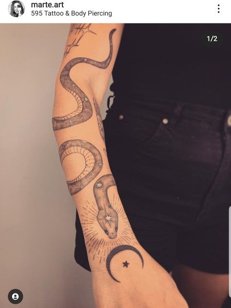 Cobra Wrapped Around Arm Tattoo, Snake Forearm Tattoo Women, Snake Tattoos Arm Wraparound, Celestial Snake Tattoo, Snake Around Arm Tattoo, Tattoo Cobra, Halo Tattoo, Wrap Around Wrist Tattoos, Simple Hand Tattoos