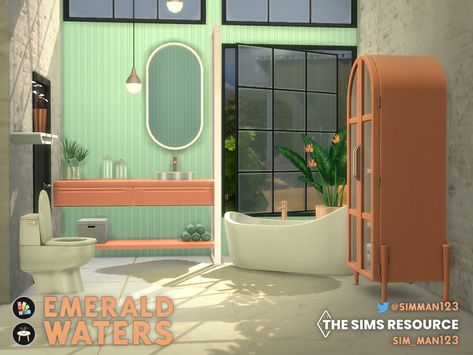 The Sims Resource - Mid-Century Collection - Emerald Waters Bathroom Relaxing Room, Retro Bed, Tall Shelves, Sims Mobile, Sims 4 Cc Hair, Candles In Fireplace, Sims 4 Sims, Sims 4 Game Mods, Retro Bathrooms