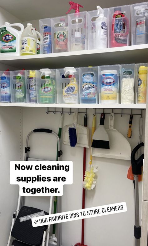 Large Cleaning Closet, Organizing Utility Closet, Cleaning Supplies Organization Closet, Cleaning Supplies Storage Ideas, Office Supply Closet Organization, Cleaning Supply Organization, Cleaning Supply Closet, Cleaning Product Organization, Organizing Cleaning Supplies