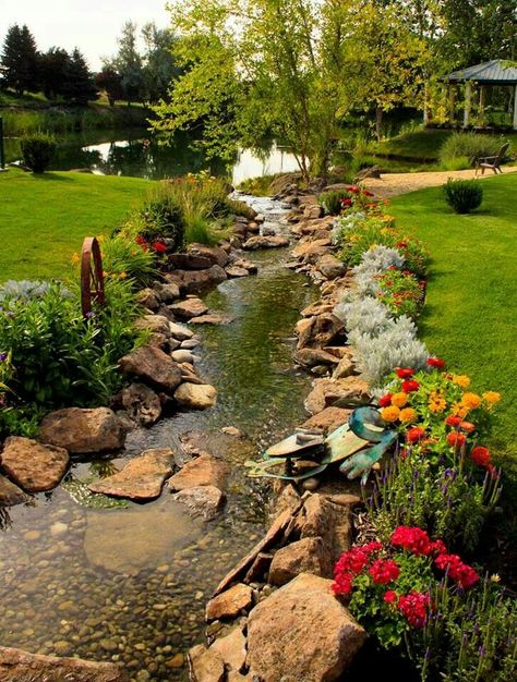 Natural Creek Landscaping, Creek Landscaping, Creek Landscaping Natural, Man Made Creek In Backyard, Natural Stream In Backyard, Garden With Stream, Creek On Property, Garden Streams And Ponds, Garden Pond With Bridge