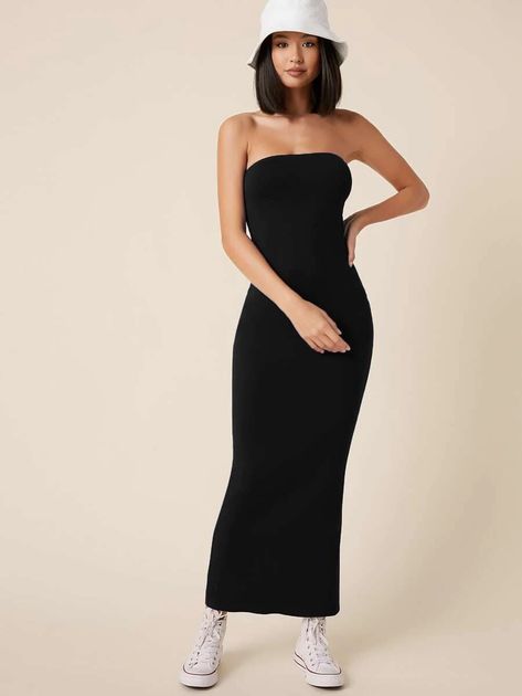 Solid Bodycon Maxi Dress | SHEIN USA Bodycon Maxi Dress Outfit, Black Bodycon Maxi Dress, Long Tube Dress, Graduation Dresses Long, Shein Basics, Grad Ideas, Bodycon Maxi Dress, Striped Tunic Dress, Maxi Dress Outfit