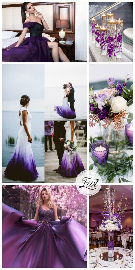 elegant and luxury pure purple ideas for wedding dresses and cneterpieces Purple Gold And Cream Wedding, Purple Rain Wedding Theme, Purple Wedding Gowns Brides, Royal Blue And Purple Wedding Theme Color Schemes, Colored Wedding Dresses Purple, Royal Purple Wedding Dress, Royal Purple Wedding Theme, Purple And Black Wedding Dress, Purple And Red Wedding Theme