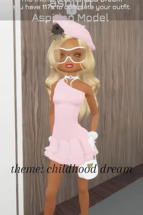 Woman dressed in a pink outfit with white gloves and a matching beret, standing in a wooden-paneled room. Text reads "theme: childhood dream". Top Model Dress, Top Model Fashion, Dress Impress, Mv Outfits, Decals Codes, Roblox Dress, Roblox Games, Bloxburg Decals, Dti Fits