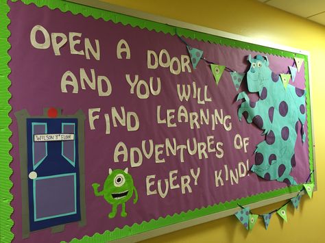 Monsters Inc. Adventure Bulletin Board- New semester RA Monster Ink Classroom Theme, Monsters Inc Classroom Transformation, Monsters University Classroom Theme, Disney Welcome Back Bulletin Board, Monsters University Bulletin Board, Monster Inc Bulletin Board, Monsters Inc Bulletin Board Ideas, Monsters Inc Classroom Door, Monsters Inc Decorations Classroom