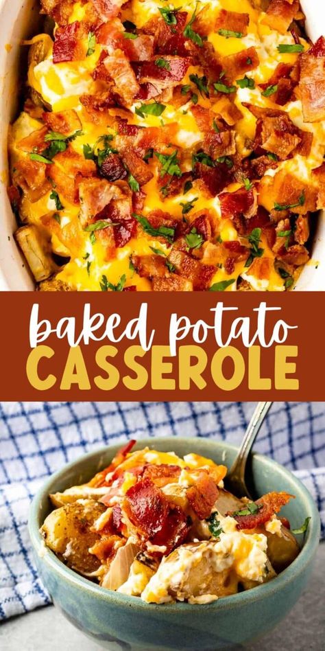 Baked Potato Casserole - EASY GOOD IDEAS Potato Skin Casserole, Diced Potato Casserole, Twice Baked Potato Casserole Recipe, Loaded Baked Potato Casserole, Making Baked Potatoes, Twice Baked Potatoes Casserole, Recipes Healthy Dinner, Casserole Easy, Baked Potato Casserole