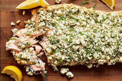 Delish Feta And Herb Crusted Salmon, Mediterranean Salads, Pescatarian Meals, Herb Crusted Salmon, Spring Meals, Inexpensive Dinners, Recipes Seafood, Oven Baked Salmon, Crusted Salmon