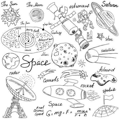 Space Doodles Icons Set. Hand Drawn Sketch With Solar System, Planets Meteors And Comats, Sun And Moon, Radar, Astronaut Rocket An Stock Vector - Illustration of cosmic, moon: 58162451 Solar System Doodle, Candy Drawing, Space Doodles, Doodle Art Letters, Space Solar System, Doodle Art Flowers, Page Borders Design, Doodle Art Journals, Solar System Planets