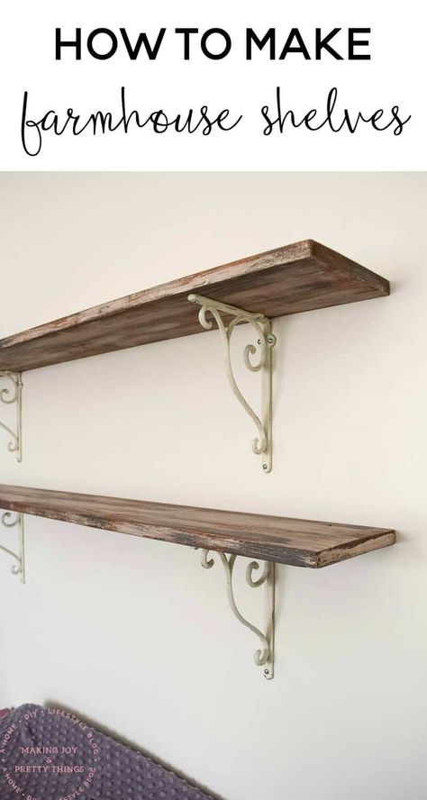 Learn how to make DIY rustic shelves in a distressed farmhouse style even if you don't have old reclaimed barn wood! Diy Rustic Shelves, General Finishes Milk Paint, Reclaimed Wood Shelves, Barn Wood Projects, Farmhouse Shelves, Old Barn Wood, Diy Wall Shelves, Oak Stain, Rustic Shelves