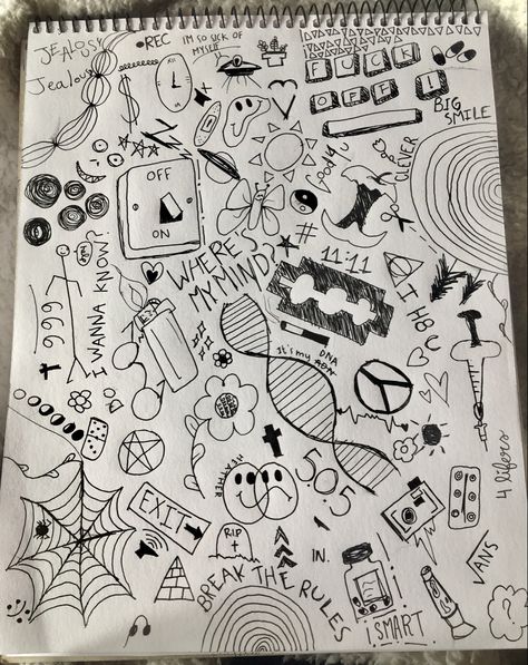 Cute Doodle Page, Cool Things To Doodle, Doodle Page Aesthetic, Doodle Poster Design, Grunge Doodles Journals, Hand Doodle Ideas, Grunge Doodles Sketches, Edgy Doodles, Doodle Ideas Grunge