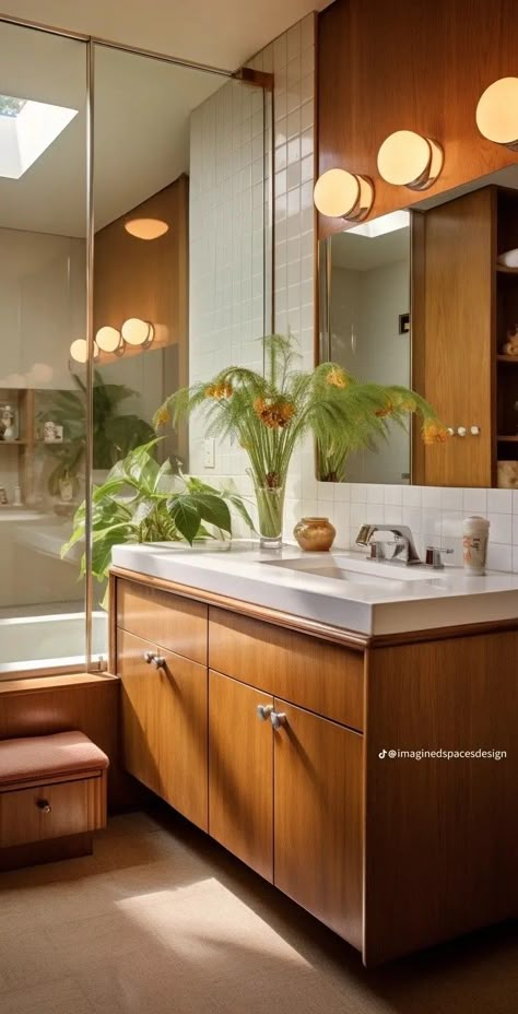 Minimal Cozy Interior Design, Retro Modern Home Design, 70s House Bathroom, Modern 70s Bathroom, Bathroom 70s Style, Small Mcm Bathroom, 70s Aesthetic Bathroom, 60s Inspired Bathroom, 70s Interior Bathroom