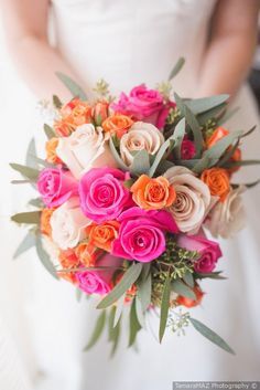 Pink And Orange Wedding Theme, Pink And Orange Wedding Flowers, Pink Wedding Flowers Centerpiece, Hot Pink Wedding Bouquet, Hoco Bouquet, Jordans Wedding, Homecoming 2023, Dance Flowers, Orange And Pink Wedding