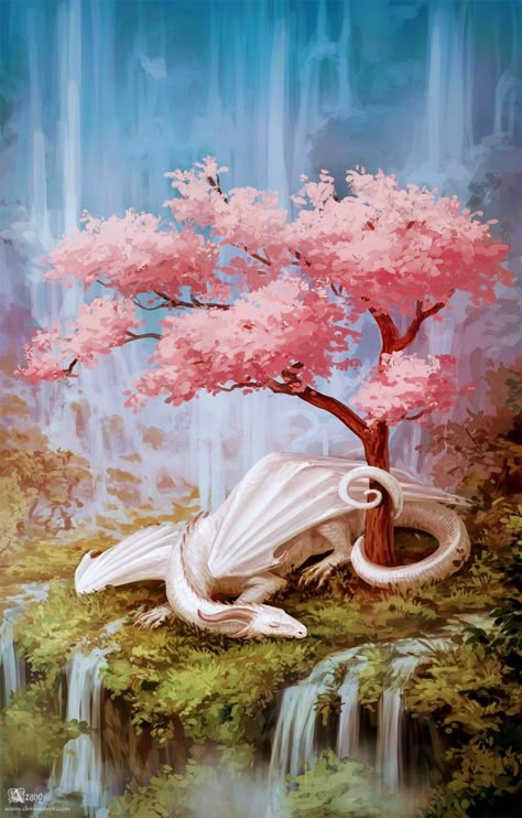 Sakura Dragon, Spooky Gif, Nightmare Monster, Mythical Animal, Fantasy Animals, Cute Fantasy Creatures, Japon Illustration, Dragon Pictures, White Dragon