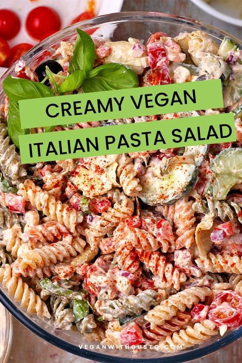 Creamy vegan Italian pasta salad is the perfect summer salad, brimming with fresh veggies, olives, artichoke hearts, pasta of your choice, and easy, zesty Italian salad dressing for a crowd-pleasing easy side dish that's certain to be a hit. Get the recipe for instructions. Artichoke Hearts Pasta, Vegan Italian Pasta, Creamy Italian Pasta Salad, Vegan Pasta Salad, Italian Diet, Italian Pasta Salad, Vegan Salads, Italian Salad Dressing, Vegan Pasta Recipes