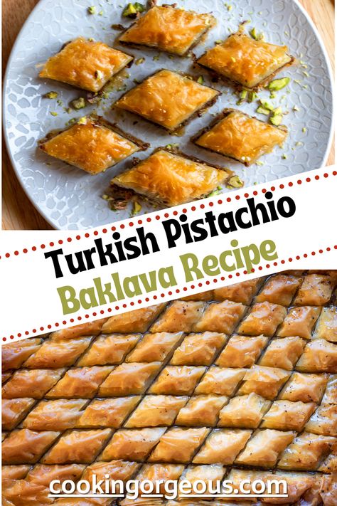 Middle Eastern/Turkish dessert made with phyllo pastry sheets layered with nuts, baked until golden, and soaked in syrup overnight. Turkish Pistachio Baklava Recipe, Pistachio Baklava Recipe, Homemade Turkish Delight, Turkish Recipes Desserts, Turkish Dishes, Middle Eastern Dessert, European Desserts, Turkish Dessert, Exotic Recipes