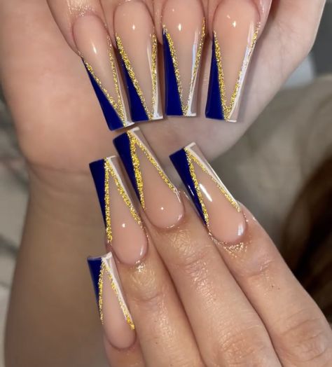 French Tip Tapered Square, Tapered Square Nail Designs, Navy Blue Nail Designs, Blue Gold Nails, Blue Prom Nails, White Nails With Gold, Quince Nails, Quinceanera Nails, Gold Acrylic Nails