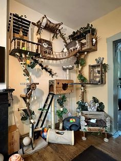 Cat House Aesthetic, Cat Box Fort, Cat Friendly Room Ideas, Diy Cat Furniture Apartments, Cat House Ideas Indoor, Cat Shelf Wall Diy, Aesthetic Cat Room Ideas, Cat Tree On Wall, Cat Tree Living Room