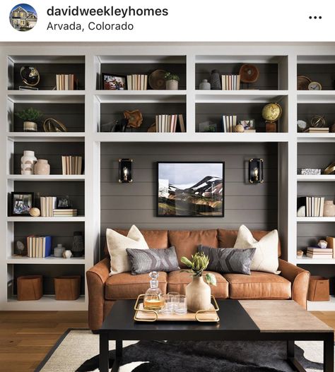 Couch With Bookshelves On Either Side, Bookshelves Built Around Sofa, Built In Bookshelves Around Couch, Built In Shelves Around Couch, Bookcases Around Couch, Couch Between Bookcases, Books Living Room, Maximalism Design, Gray Room