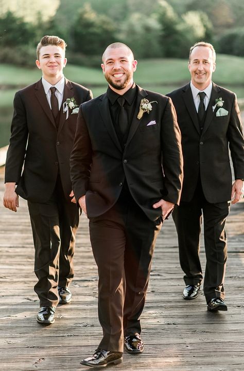 Solid Black Suit Groom, Black Shirt Wedding Men, Groom All Black Suit, All Black Wedding Suit, All Black Groomsmen, All Black Wedding, Black Wedding Suit, Black Groomsmen, Groomsmen Outfit