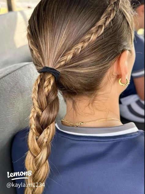 Athletic Hairstyles Medium Hair, Hair Ideas For Sports Easy, Cute Soccer Hairstyles With Pre Wrap, Sport Picture Hairstyles, Volleyball Hairstyles Low Ponytail, Simple Basketball Hairstyles, Girls Volleyball Hairstyles, Girls Lacrosse Hairstyles, Cute And Easy Volleyball Hairstyles