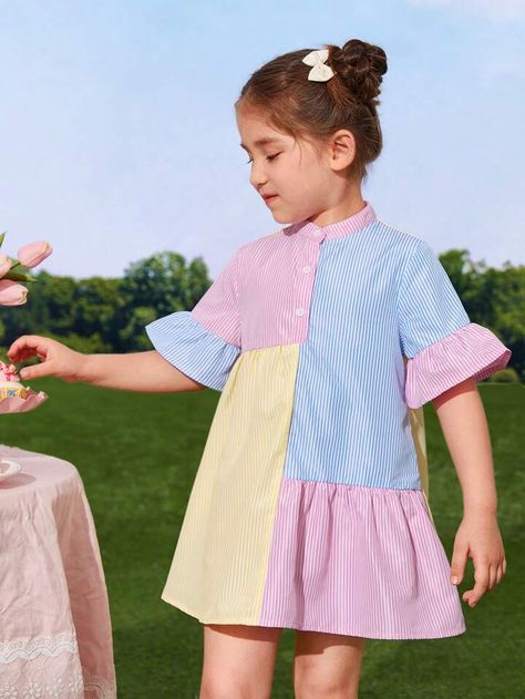 SHEIN Kids EVRYDAY Toddler Girls Striped Print Colorblock Flounce Sleeve Ruffle Hem Smock Dress | SHEIN USA Куклы American Girl, Kids Dress Collection, Kids Wear Girls, Shein Kids, Smocked Dresses, Kids Dress Wear, Baby Dress Design