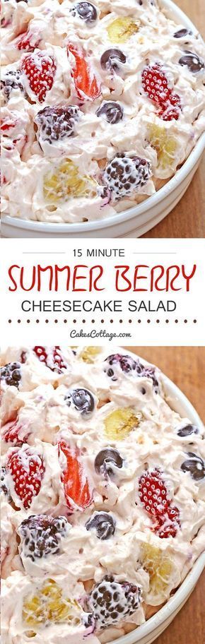 Summer Berry Cheesecake Salad - delicious, absolutely loaded with berries tossed in a thick, rich and creamy cheesecake mixture, a must have for all picnics, BBQ's, potlucks, and family get-togethers...: Fruit Salad With Whipped Cream, Berry Cheesecake Salad, Cheesecake Mixture, Cheesecake Salad, Berry Recipes, Yummy Salads, Resep Salad, Berry Cheesecake, Salad Ideas