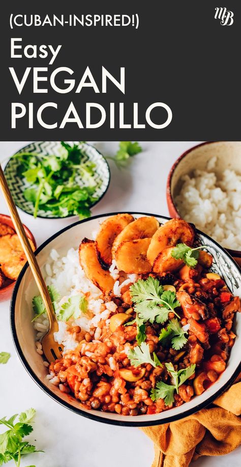 Our Vegan Cuban-Inspired Picadillo is SPICY, sweet, salty, fiber-rich, and loaded with ALL the flavors and textures! Just 1 POT and 30 MINUTES required for this plant-based, gluten-free dish. Vegan Picadillo, Roasted Plantains, Cuban Picadillo, Gluten Free Dishes, Minimalist Baker, Lentil Recipes, Canned Tomato Sauce, Filling Recipes, Fresh Garlic