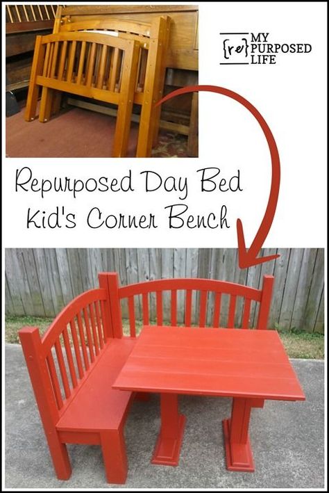 day bed repurposed into a kids corner bench for the kitchen or playroom MyRepurposedLife.com Diy Kids Table, Corner Bench, Woodworking For Kids, Table Bench, Day Bed, Corner Table, Furniture Renovation, Woodworking Bench, Repurposed Furniture Diy