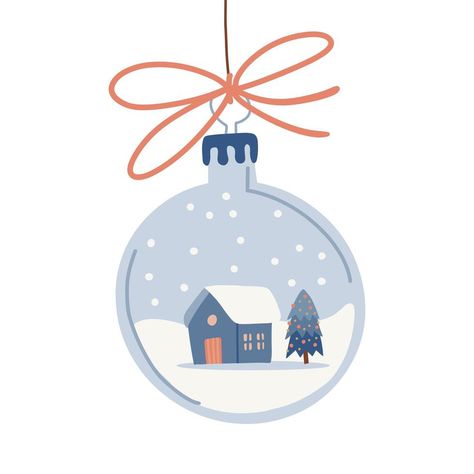 Transparent Silver Christmas Balls with Festive Scene inside. Cozy house with fir on a snowy landscape. Hanging xmas bauble with bow. Hand drawn Flat vector illustration. Xmas Baubles, Snowy Landscape, Flat Vector Illustration, Silver Christmas, Flat Vector, Christmas Balls, Cozy House, Vector Art, Hand Drawn