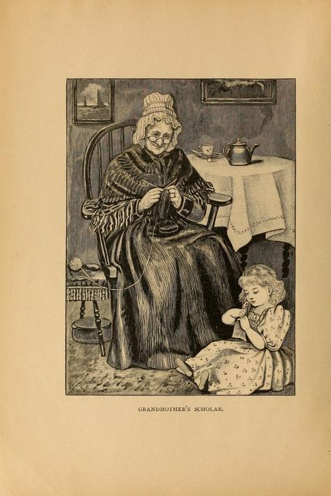 Illustration of an old woman and a little girl knitting, from the Art of Knitting Grandma Knitting, Library Vintage, Knitting Pin, Knitting Humor, Vintage Knitting Patterns, Knitting Books, How To Purl Knit, Publishing Company, Jack Russell Terrier