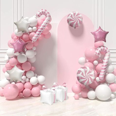 Pink Christmas Balloons, Pink Christmas Balloon Garland, Pink Christmas Party Decorations, Pink Christmas Party Ideas, Pinkmas Party, Pink Christmas Backdrop, Pink Christmas Baby Shower Ideas, White Christmas Backdrop, Pink Christmas Birthday