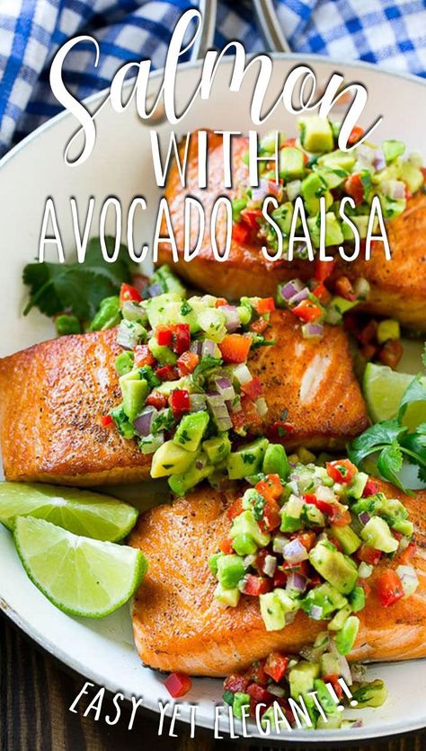 Salmon with avocado salsa is a fresh, easy and nutritious dinner that’s quick enough for a busy weeknight, yet elegant enough for company. Salmon Avocado Recipes, Salmon Avacado, Avocado Dinner, Cilantro Lime Salmon, Avocado Recipes Dinner, Salmon With Avocado, Dinner Salmon, Seared Salmon Recipes, Nutritious Dinner