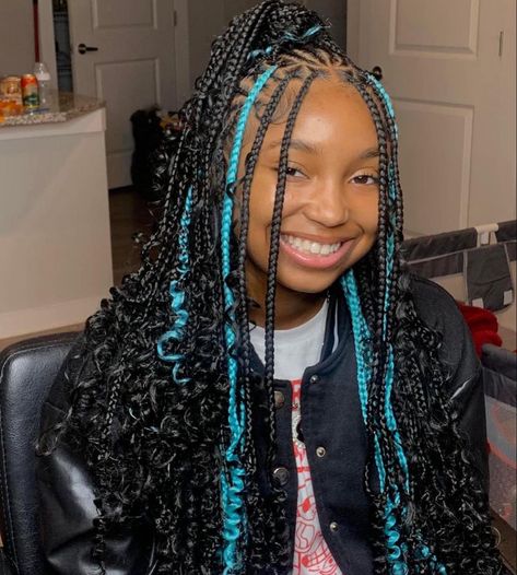 Popular Black Hairstyles, Hair Styles Braids Color, Blue And Black Boho Braids, Light Blue Peekaboo Braids, Messy Braided Hairstyles, Braided Hairstyles For Black Women Cornrows, Lil Girl Hairstyles, Glamour Hair, Beautiful Black Hair