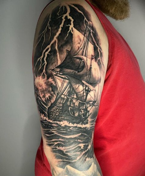 26 Amazing Storm Tattoo Ideas for Everyone 5 Stormy Ocean Tattoo, Mens Storm Tattoo, Ship Storm Tattoo, Ocean Storm Tattoo, Boat In Storm Tattoo, Ship On Stormy Sea Tattoo, Ship In A Storm Tattoo, I Am The Storm Tattoo, Storm Tattoo Men