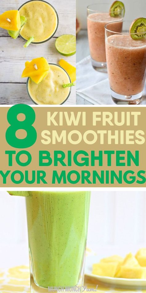 Healthy KIWI SMOOTHIE recipes that are easy to make. Includes green smoothies with spinach or kale to detox or boost your immune system or simple recipes for weight loss or extra protein. Ingredients like strawberry, mango, banana, avocado, blueberry, pineapple, apple, watermelon, orange, raspberry, peach, greek yogurt, blackberry, coconut and more. Great for breakfast in a bowl and for kids. Dairy free vegan options too. Golden benefits! #smoothies #healthyrecipes #healthysmoothies Kiwi Smoothie Recipes, Kiwi Banana Smoothie, Kiwi And Banana, Kiwi Smoothie, Extra Protein, Yummy Smoothie Recipes, Yogurt Smoothies, Spinach Smoothie, Pineapple Smoothie