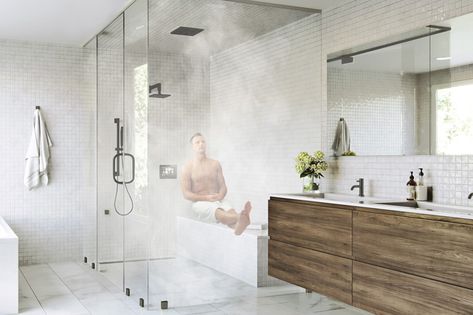 Steam Showers Bathroom Master Bath, Home Steam Room, Steam Shower Units, Steam Room Shower, Sauna Shower, Bathroom Shower Walls, Mcm House, Steam Sauna, Architecture Bathroom