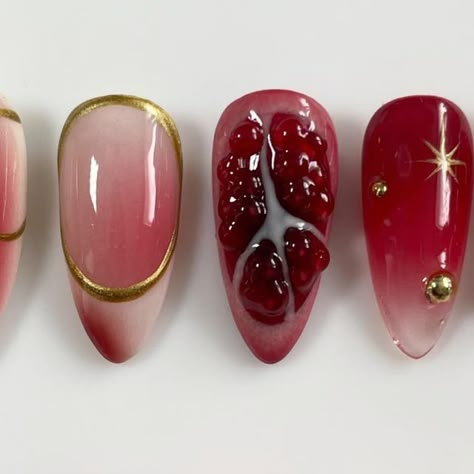 elle on Instagram: "pomegranates❣️  #pomegranates  #pomegranatenails  #fruitnails  #summernails  #yummynails" Pomegranate Nails Design, Pomegranate Seed Nails, Nail Ideas Fire, Pomegranate Nail Art, Fig Nails, Pomegranate Nails, Pomegranate Girl, Fruit Nail Designs, Tattoo Jewelry