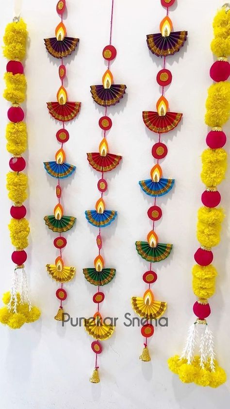 Quick Diwali Decor, Kanya Pujan Gift Ideas, Handmade Toran Ideas For Diwali, Diwali Diy Ideas, Toran Making Ideas For Diwali, Diwali Handmade Decoration, Handmade Diwali Decoration Items, Diy Toran Ideas, Decoration Using Paper