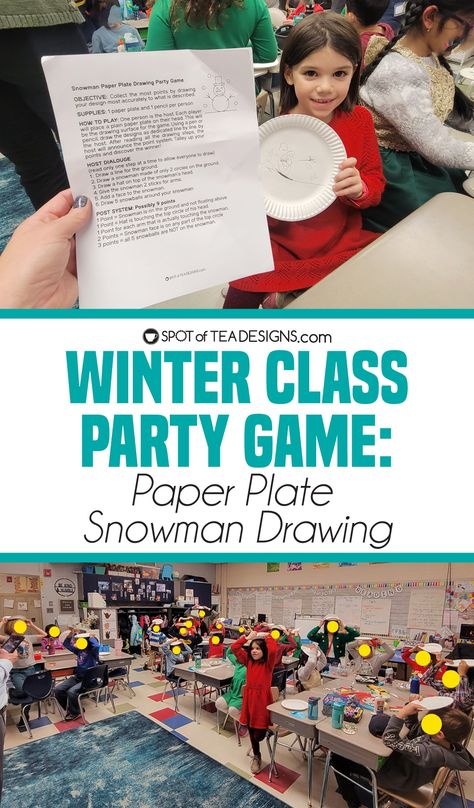 Winter Class Party Game | Paper Plate Drawing - Spot of Tea Designs Paper Plate Snowman Drawing Game, Christmas Plate Drawing Game, Paper Plate Game On Head, Christmas Paper Plate Drawing Game, Plate On Head Drawing Game, Paper Plate Drawing On Head Game, Christmas Plate Game, Paper Plate Christmas Game, Christmas Paper Plate Game