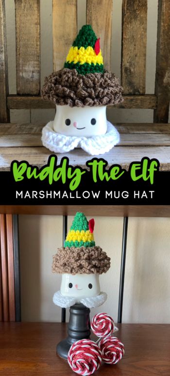 Marshmallow Mugs Hats, Christmas Marshmallow Mug Hats, Crochet Buddy The Elf Hat, Buddy The Elf Crochet Pattern, Marshmallow Cup Hats, Marshmallow Mug Hats Crochet Patterns, Crochet Marshmallow Mug Hat Pattern Free, Marshmallow Decor, Winter Marshmallows