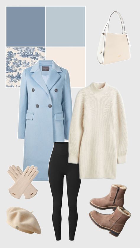 Blue coat outfit, coat outfit inspo, winter and fall outfit Blue Coat Outfit Winter, Blue Christmas Outfit, Light Blue Coat Outfit, Blue Coat Outfit, Theatrical Romantic Style, Christmas Outfit Ideas For Women, Christmas Outfit Ideas For Women Classy, Light Blue Coat, Deep Winter Palette