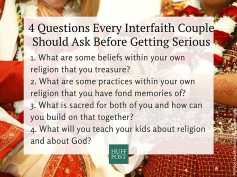 Many interfaith couples trust that having the "same values" will be more important in the long run than having the same religion. But those values will be tested over the course of a relationship by familial and cultural expectations. Here are some questions and advice for interfaith couples who are considering getting married. Topics To Discuss Before Marriage, Important Questions Before Marriage, Marriage Advice Quotes Newlyweds Tips, Interfaith Relationship, Inequality In Marriage, Interfaith Marriage, Marriage Equality, Couple Quotes, How To Run Longer