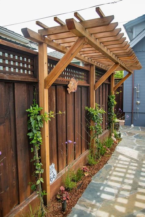 Closing Up An Exterior Doorway, Fence Pergola Ideas, Fence For Privacy Ideas, Side Yard Shade Ideas, Simple Patio Furniture, Cover Gaps In Wood Fence, Trellis Ideas Front Of House, Front Yard Privacy Landscaping Curb Appeal Fence Ideas, Privacy Trellis Along Fence