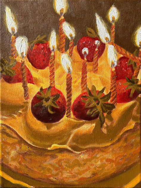 Birthday Cake Oil Painting, Cherry Oil Painting, Birthday Candle Painting, Oil Pastel Food Art, Celebration Art Gcse, Cake Oil Pastel, Strawberry Cake Painting, Birthday Canvas Painting, Cake Oil Painting