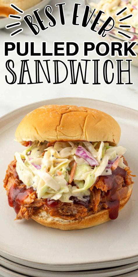 Make your summer even sunnier with our slow-cooked, bbq pulled pork sandwiches with coleslaw. A simple, no-fuss recipe that screams summer! Tender, juicy pulled pork, fresh slaw, and a delightful bun come together to create an easy and delicious summer dinner. Fire up the crockpot and let's make summer nights tastier! Slaw For Pulled Pork, Sandwiches With Coleslaw, Easy Pulled Pork Sandwiches, Pulled Pork Slaw, Slaw Sandwich, Barbeque Sandwiches, Coleslaw For Pulled Pork, Pulled Pork Sauce, Pork Sandwich Recipes